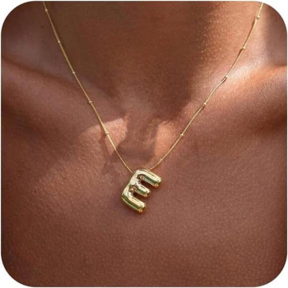Bubble Letter Initial Necklace 14K Gold Plated Balloon Pendant, Adjustable Chain - Picture 2 of 4